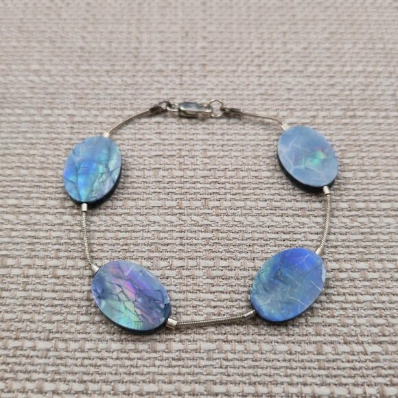 Jewelry - 7.5 Inch Sterling Silver Oval Blue Shell Chain Bracelet A6883